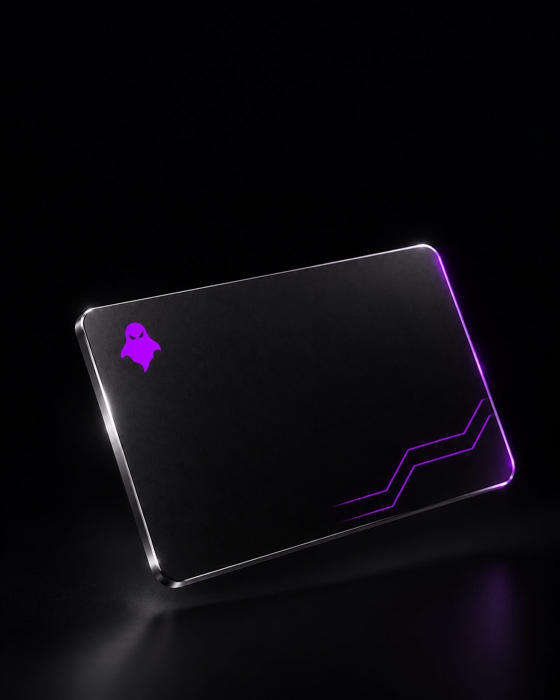 Matte black GhostCard with an electric violet signature